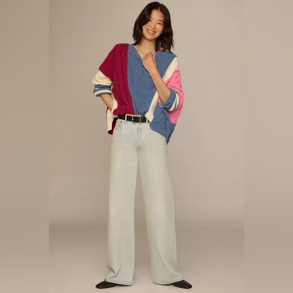 Anthropologie Maeve Colorblock Cable Knit Sweater Oversized Pink Blue Burgundy - Picture 3 of 11